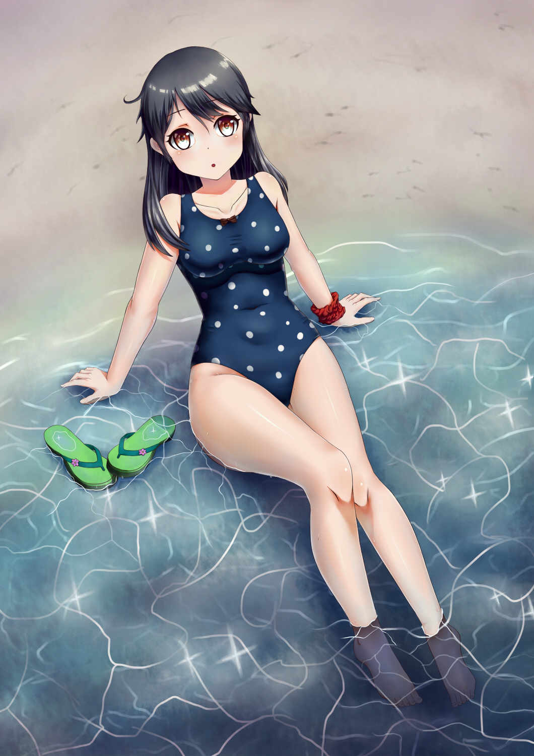 1girl barefoot beach black_hair blue_swimsuit breasts brown_eyes collarbone covered_navel from_above full_body highres kantai_collection legs_together long_hair looking_at_viewer looking_up one-piece_swimsuit open_mouth outdoors polka_dot polka_dot_swimsuit reclining sand sandals sandals_removed sitting_on_water solo swimsuit ushio_(kantai_collection) water wrist_scrunchie yautau