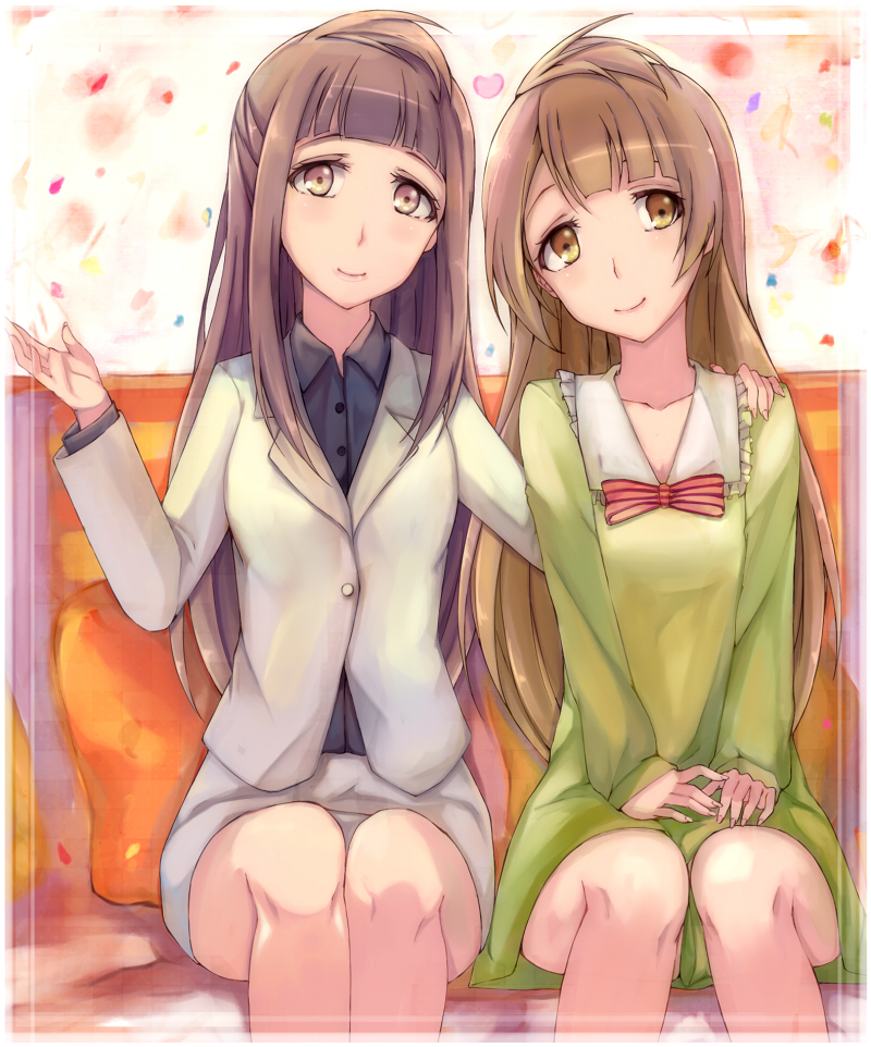 2girls bangs black_blouse blunt_bangs couch dress green_dress hand_on_another's_shoulder jacket kalian light_brown_eyes light_brown_hair long_hair looking_at_viewer love_live!_school_idol_project minami_kotori minami_kotori's_mother mother_and_daughter multiple_girls pencil_skirt red_ribbon ribbon sitting skirt smile white_clothes white_jacket