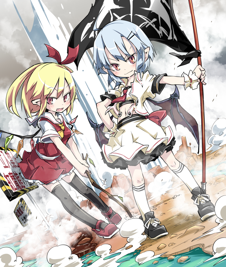 2girls ascot bat_wings black_legwear blue_hair commentary_request dress fang flag flandre_scarlet multiple_girls no_hat noya_makoto open_mouth pointy_ears red_dress red_eyes remilia_scarlet sash siblings side_ponytail sign sisters smile smirk thigh-highs touhou white_dress wings wrist_cuffs zettai_ryouiki