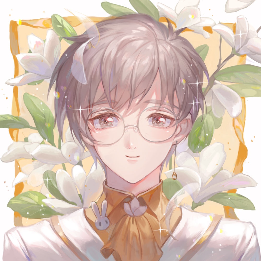 1boy ascot bangs border bunny_pin cardcaptor_sakura closed_mouth collared_shirt earrings floral_background flower flower_request glasses grey_eyes grey_hair jacket jewelry leaf looking_at_viewer maccha_(mochancc) male_focus orange_ascot orange_shirt outside_border petals portrait round_eyewear shirt short_hair smile solo sparkle tsukishiro_yukito white_border white_flower white_jacket yellow_background