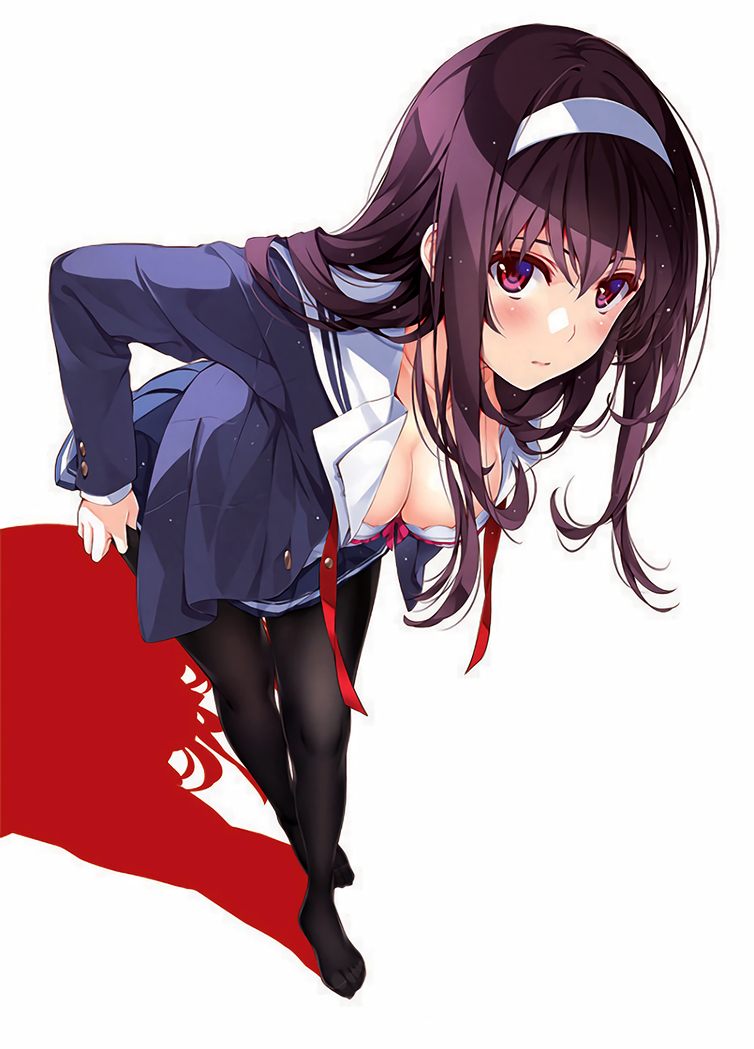 1girl black_legwear blush bra breasts brown_hair cleavage crossed_legs hairband kasumigaoka_utaha leaning_forward long_hair looking_at_viewer misaki_kurehito open_clothes pantyhose payot saenai_heroine_no_sodatekata scan school_uniform serafuku solo underwear undressing violet_eyes white_bra