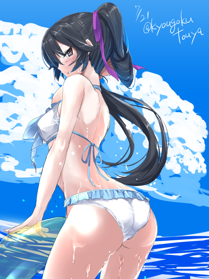 1girl alternate_costume ass bikini black_hair breasts frills from_behind hair_between_eyes hair_tousle kantai_collection kyougoku_touya large_breasts long_hair looking_at_viewer looking_back midriff open_mouth partially_submerged payot ponytail red_eyes scrunchie solo swimsuit wet wet_clothes white_bikini white_swimsuit yahagi_(kantai_collection)