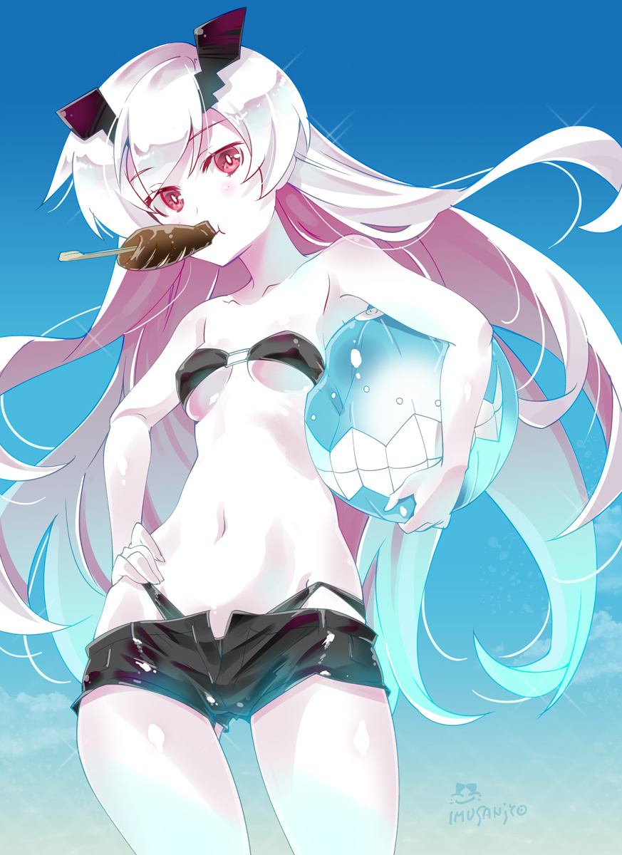 1girl alternate_costume anchorage_hime artist_name ball bare_shoulders beachball bikini black_bikini breasts clouds cowboy_shot escort_fortress_(kantai_collection) hand_on_hip highres ikayaki imu_sanjo kantai_collection long_hair looking_at_viewer mouth_hold navel open_fly pink_eyes shinkaisei-kan short_shorts shorts signature sky small_breasts solo strapless swimsuit under_boob unzipped very_long_hair white_skin