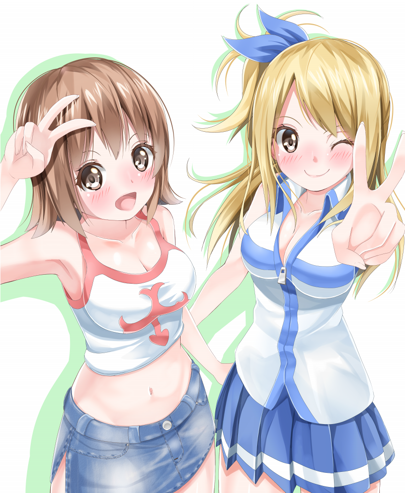 2girls amagami_rukichi blonde_hair brown_eyes brown_hair creator_connection crossover denim_skirt elie fairy_tail groove_adventure_rave long_hair lucy_heartfilia midriff multiple_girls one_eye_closed rave short_hair side_ponytail tank_top v