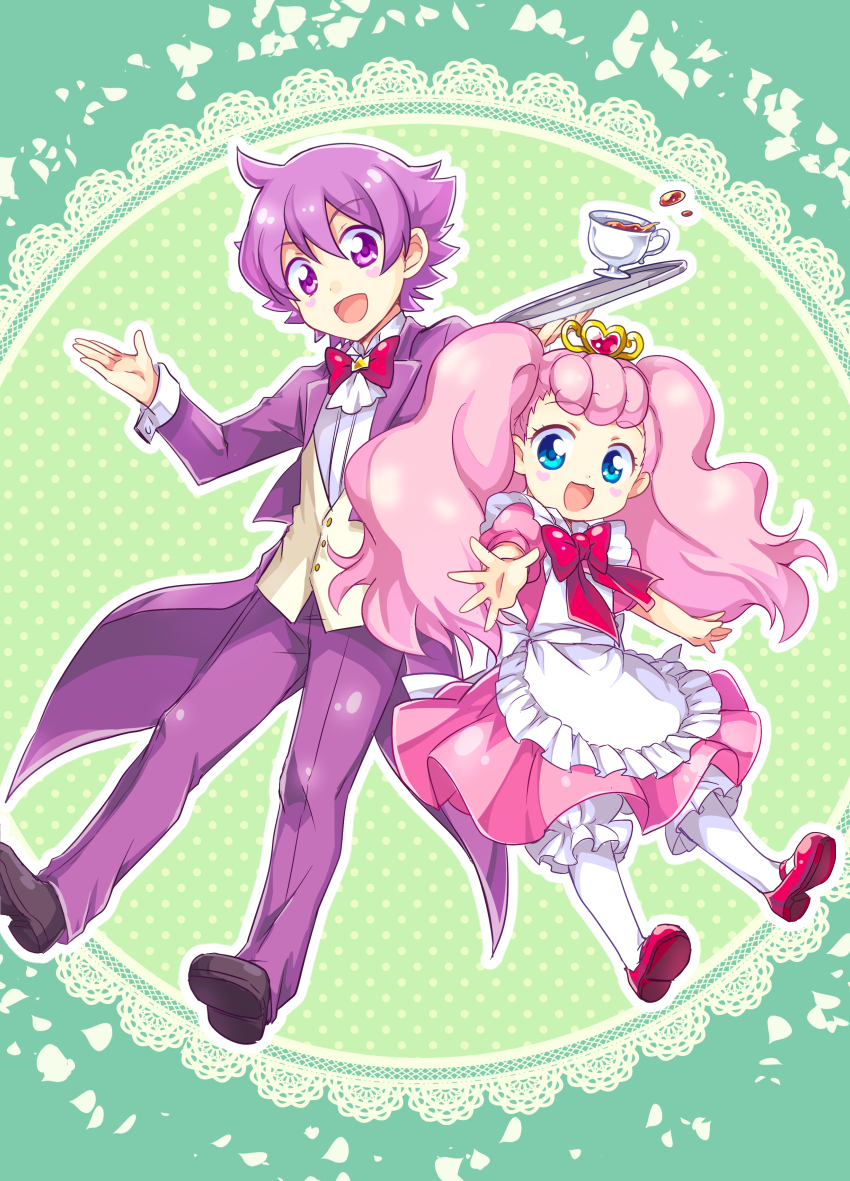 1boy 1girl :d apron aroma_(go!_princess_precure) bloomers blue_eyes blush_stickers bow bowtie brooch brother_and_sister butler cup formal frills go!_princess_precure green_background jewelry kousetsu long_hair open_mouth pants pantyhose personification pink_hair pink_skirt precure puff_(go!_princess_precure) purple_hair red_bow red_shoes shoes siblings skirt smile suit teacup tray twintails underwear violet_eyes white_legwear