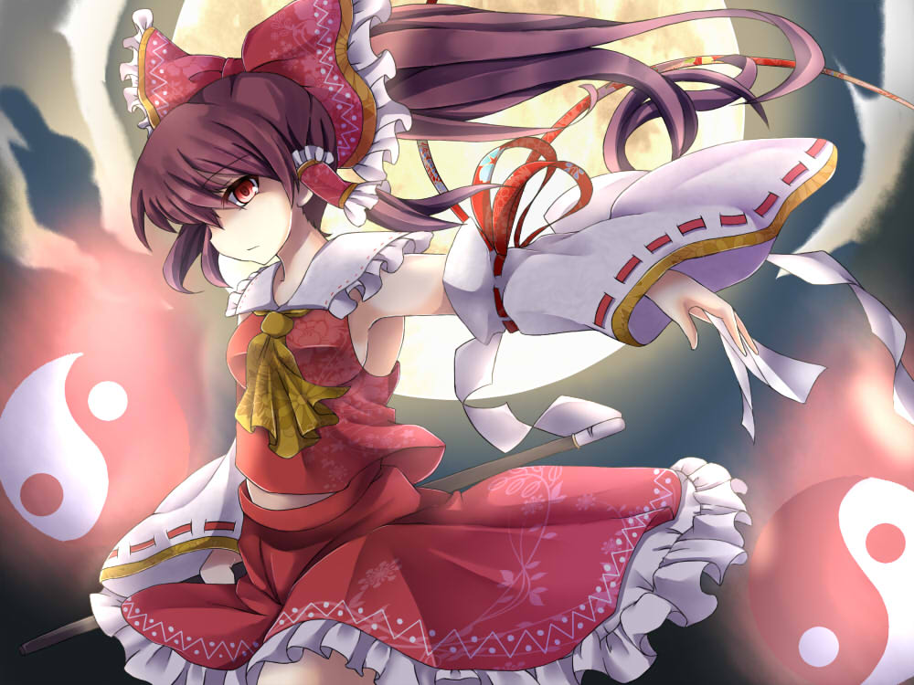 1girl armpits ascot bow brown_hair clouds commentary_request detached_sleeves expressionless floral_print frilled_bow frilled_collar frilled_skirt frills full_moon gohei hair_bow hair_tubes hakurei_reimu long_hair moon night no_eru red_eyes red_skirt ribbon skirt skirt_set touhou yin_yang