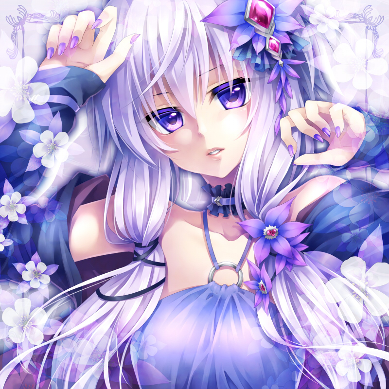 1girl flower hair_ornament long_hair looking_at_viewer open_mouth purple_hair solo twintails ueno_tsuki violet_eyes vocaloid voiceroid yuzuki_yukari