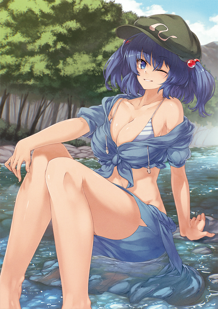1girl arm_support barefoot blue_eyes blue_hair blush breasts cleavage hair_bobbles hair_ornament hat ibuki_notsu kawashiro_nitori large_breasts looking_at_viewer one_eye_closed river short_hair sitting smile solo swimsuit swimsuit_under_clothes touhou tree two_side_up water