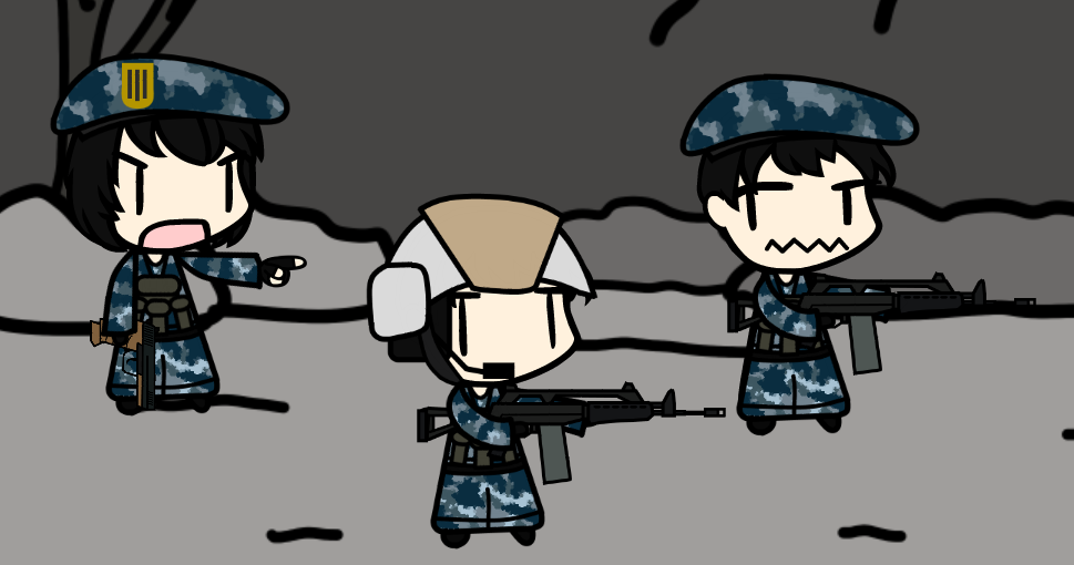 3boys arma_(series) arma_3 assault_rifle beret chibi china concept_art csat fingerless_gloves futuristic gun handgun headphones helmet hk45 load_bearing_vest microphone mofumofunya_(myonnyanmukyuu) operator original people's_liberation_army pistol qbz-25 shouting tagme walfas wavy_mouth weapon