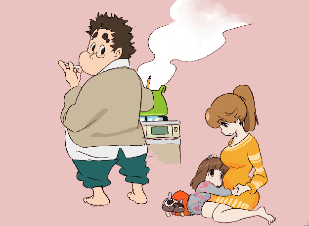 1boy 2girls brown_hair dog family father_and_daughter guts_(kill_la_kill) hug kill_la_kill mankanshoku_barazou mankanshoku_mako mankanshoku_sukuyo mother_and_daughter multiple_girls official_art pink_background ponytail pregnant stove sushio sweater_dress