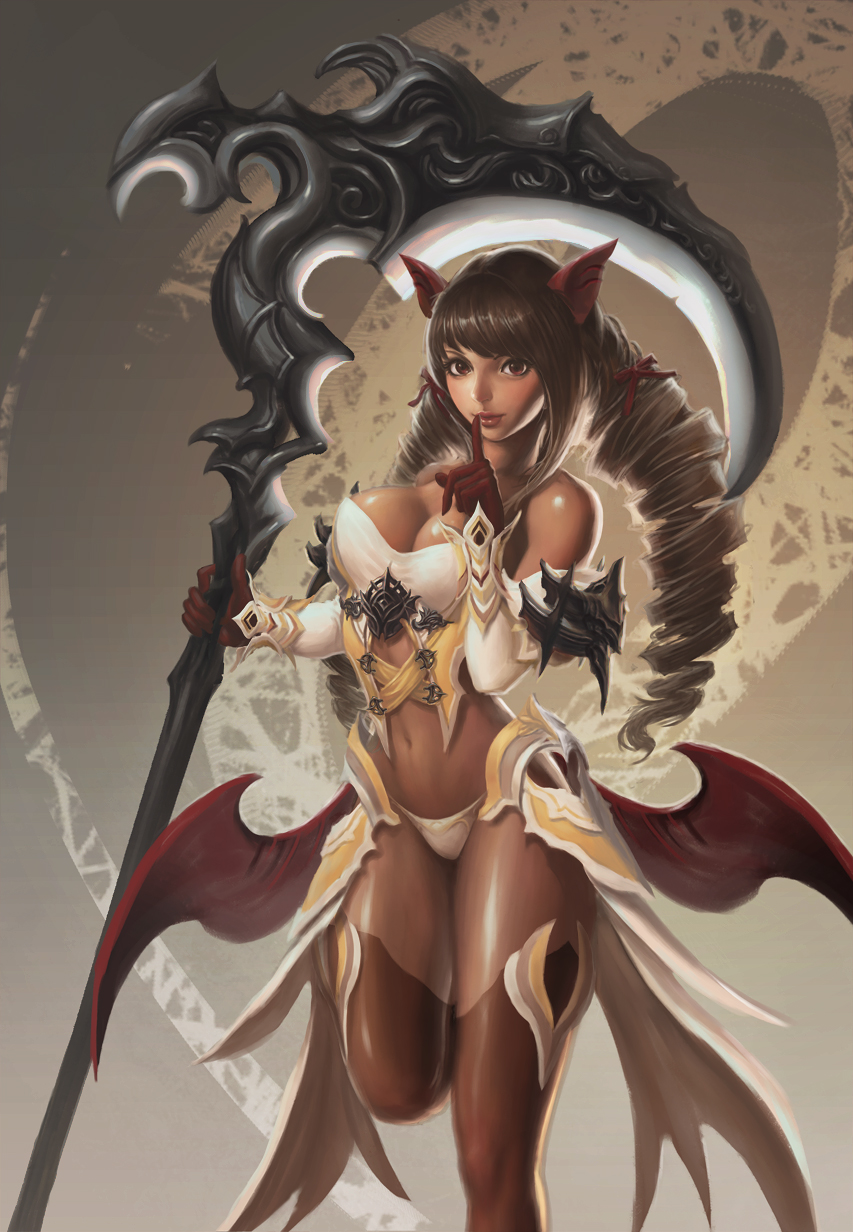 1girl black_hair black_legwear breasts cleavage dark_skin drill_hair finger_to_mouth gloves highres horns large_breasts long_hair lucky9 original panties red_eyes revision scythe solo thigh-highs underwear white_panties