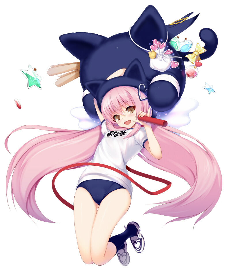 1girl animal_hat baton buruma cat_hat clothes_writing gym_uniform hat heart jumping labyrinth_bind long_hair looking_at_viewer migumigu name_tag open_mouth pink_hair ribbon short_hair smile solo tachi-e twintails very_long_hair
