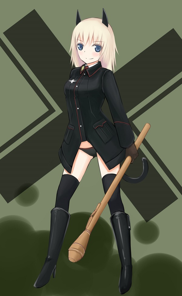 1girl animal_ears black_legwear black_panties blonde_hair blue_eyes boots cat_ears cat_tail gloves green_background heinrike_prinzessin_zu_sayn-wittgenstein_(cosplay) helma_lennartz high_heel_boots high_heels long_hair military military_uniform panties panzerfaust patterned_background rasielcochma solo strike_witches tail thigh-highs underwear uniform