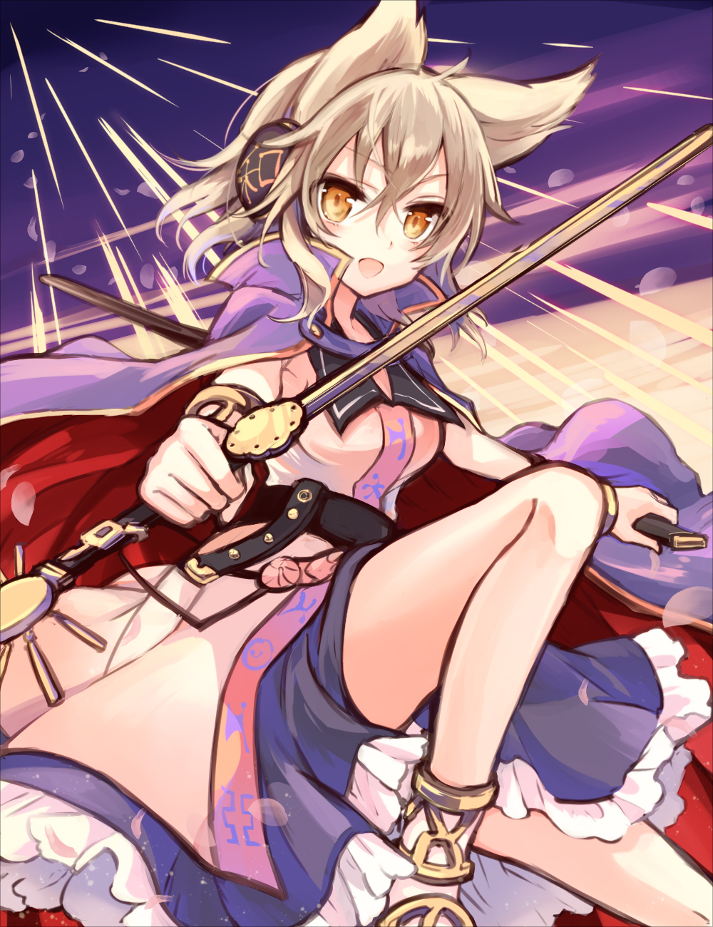 1girl background blonde_hair bracelet breasts cape earmuffs frilled_skirt frills highres jewelry looking_at_viewer miniskirt open_mouth outstretched_arms pointy_hair shirt skirt sleeveless sleeveless_shirt smile solo sword tori_(10ri) touhou toyosatomimi_no_miko weapon yellow_eyes