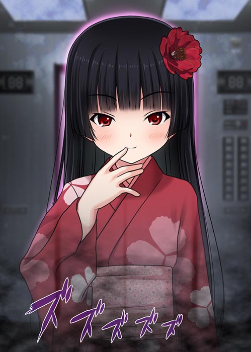 1girl black_hair japanese_clothes kimono long_hair original red_eyes ryunnu solo