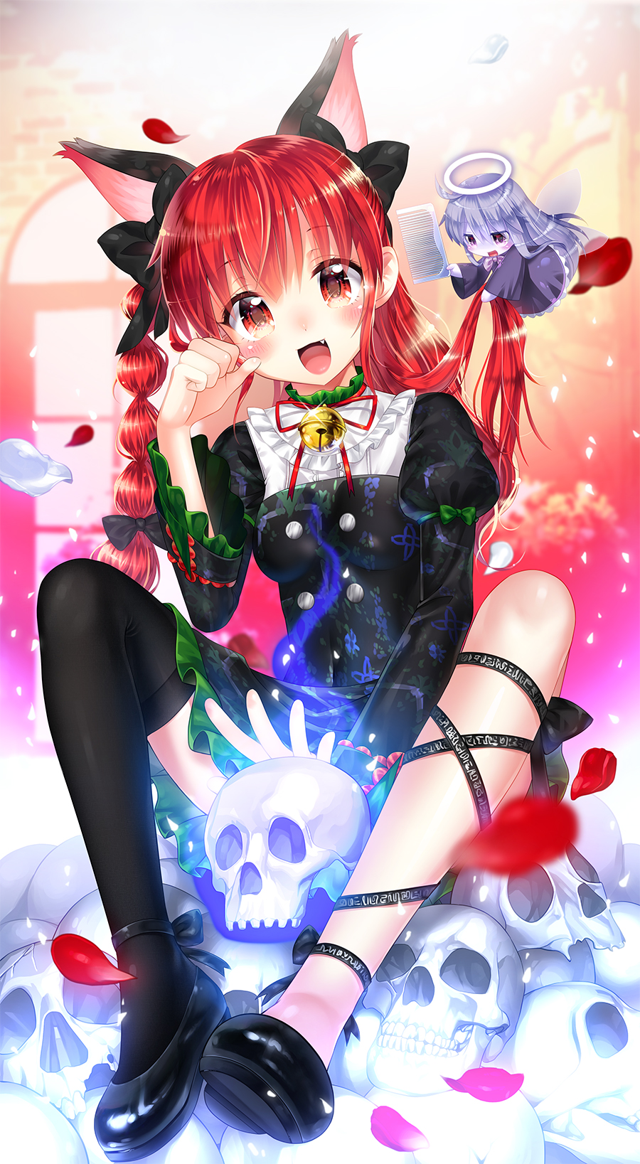 :d animal_ears bell black_legwear blush bow braid cat_ears comb combing dress fang hair_bow halo highres jingle_bell kaenbyou_rin leg_ribbon long_hair looking_at_viewer melon3 multiple_girls open_mouth paw_pose petals red_eyes redhead silver_hair single_thighhigh sitting skull small_breasts smile thigh-highs touhou wings zombie_fairy