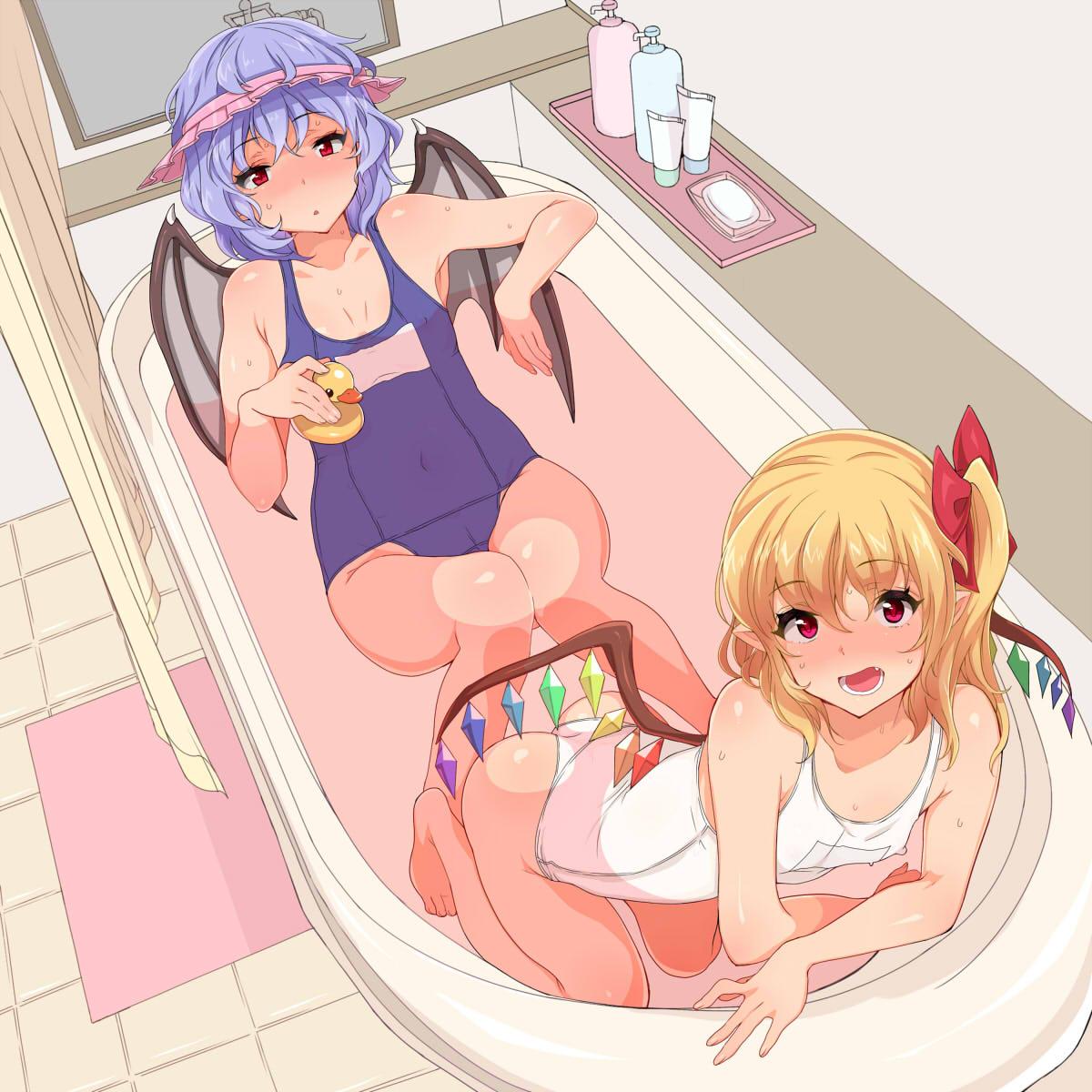 2girls bare_shoulders bathtub blush bow covered_navel fang flandre_scarlet hair_bow highres inari_(kimitama0902yahoocojp) looking_at_viewer multicolored_wings multiple_girls old_school_swimsuit one-piece_swimsuit open_mouth partially_submerged pointy_ears remilia_scarlet rubber_duck school_swimsuit shared_bathing short_hair siblings sisters smile sweat swimsuit touhou white_school_swimsuit white_swimsuit wings