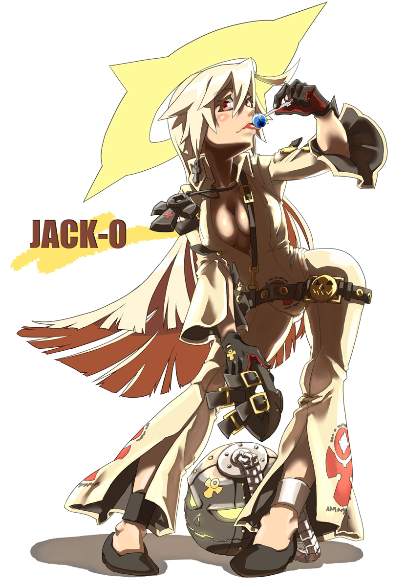 1girl ankh ball_and_chain_restraint black_gloves blush bodysuit breasts candy cleavage contrapposto flats full_body gloves guilty_gear guilty_gear_xrd halo highres jack-o_(guilty_gear) leaning_forward lollipop long_hair mask mask_removed multicolored_hair no_bra notequal_hath red_eyes silver_hair solo standing two-tone_hair