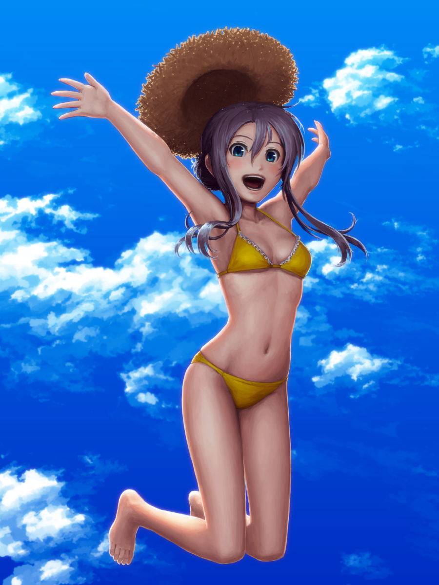 1girl bikini blue_sky clouds hair_bun hat highres jumping midair navel original outstretched_arms payot sky smile solo spread_arms straw_hat swimsuit yellow_bikini yoshikawa_hazure