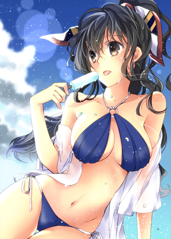 1girl ashigara_(kantai_collection) black_hair brown_eyes kantai_collection konataeru long_hair ponytail popsicle wavy_hair wet