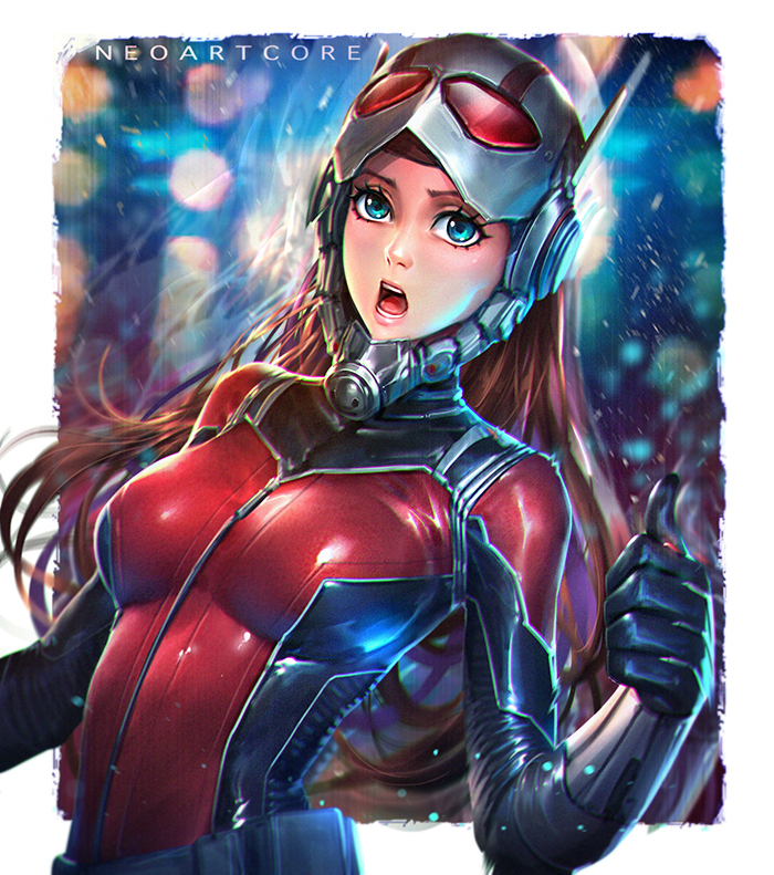 1girl ant-man artist_name blue_eyes breasts brown_eyes genderswap looking_at_viewer marvel nudtawut_thongmai open_mouth smile solo thumbs_up