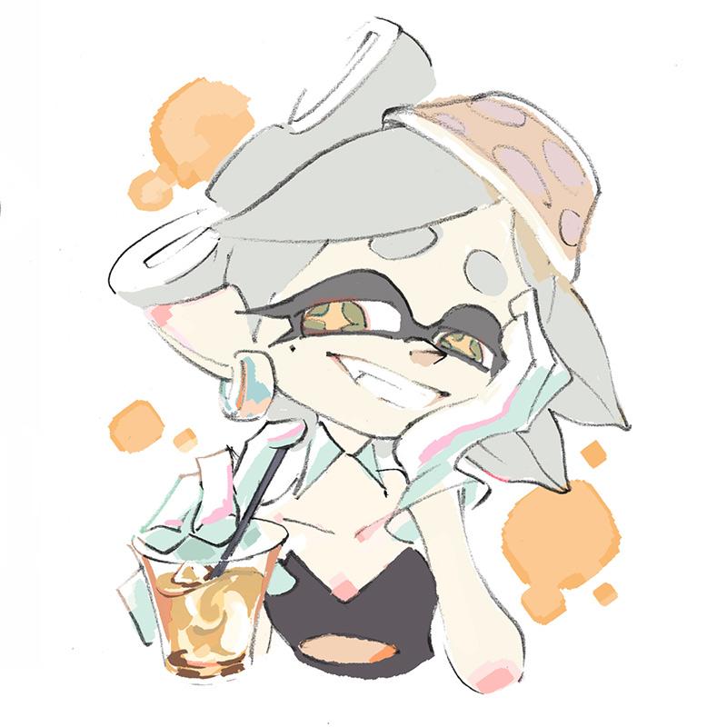 +_+ 1girl detached_collar earrings fangs gloves grin hotaru_(splatoon) iced_tea jewelry object_on_head official_art pointy_ears short_hair silver_hair smile solo splatoon symbol-shaped_pupils tea tentacle_hair upper_body white_background white_gloves