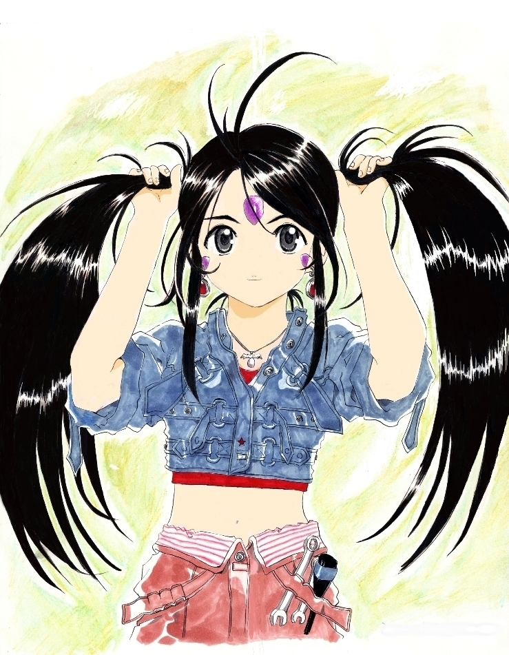 1girl aa_megami-sama artist_request black_hair bunching_hair denim_jacket derivative_work facial_mark forehead_mark jewelry long_hair midriff navel necklace overalls overalls_removed skuld solo tools twintails wrench yellow_background