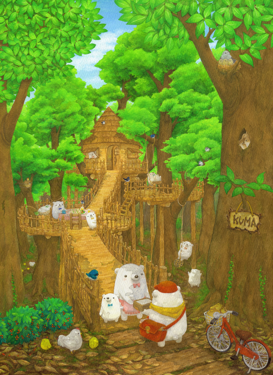 apron bag bear bicycle bird bird_nest blue_sky bowtie bridge chair chick chicken clouds colored_pencil_(medium) forest hat highres nature no_humans original outdoors romaji sitting sky st.kuma standing swing table traditional_media tree treehouse watercolor_(medium)