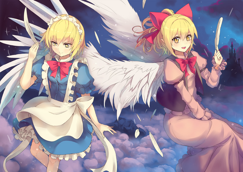 2girls angel_wings apron blonde_hair blue_dress castle clouds culter dress gengetsu hair_ribbon juliet_sleeves long_sleeves maid maid_apron maid_headdress mugetsu multiple_girls open_clothes open_vest pink_dress pointy_ears puffy_sleeves ribbon short_hair siblings sisters smile touhou touhou_(pc-98) vest wings yellow_eyes