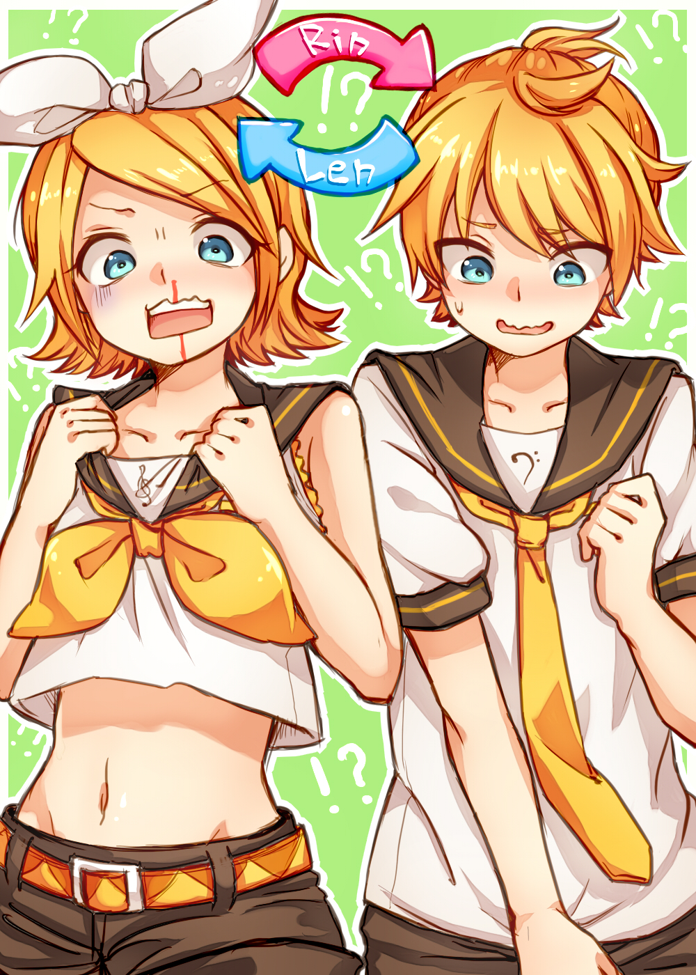 !? 1boy 1girl bass_clef belt blonde_hair blood blue_eyes bow brother_and_sister hair_ribbon highres kagamine_len kagamine_rin midriff necktie nosebleed personality_switch ribbon sailor_collar short_hair short_ponytail short_sleeves shorts siblings sleeveless treble_clef twins vocaloid white_ribbon yellow_bow