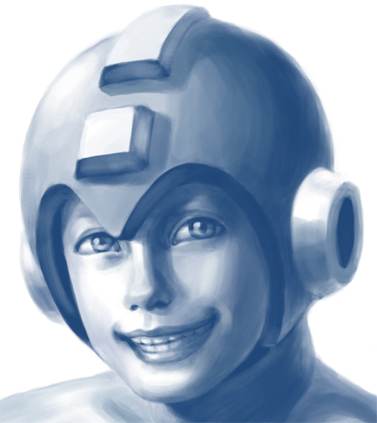 1boy b_no_hito commentary_request face grin helmet lips lowres monochrome rockman rockman_(character) smile solo