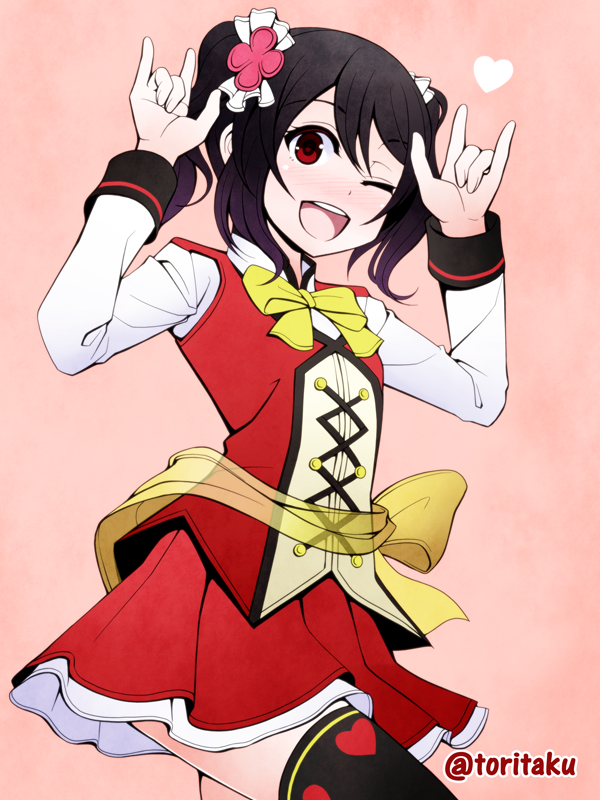 1girl :d \m/ black_hair blush bow double_\m/ hair_bow looking_at_viewer love_live!_school_idol_project nico_nico_nii one_eye_closed open_mouth red_eyes short_hair skirt smile solo torigoe_takumi twintails twitter_username yazawa_nico