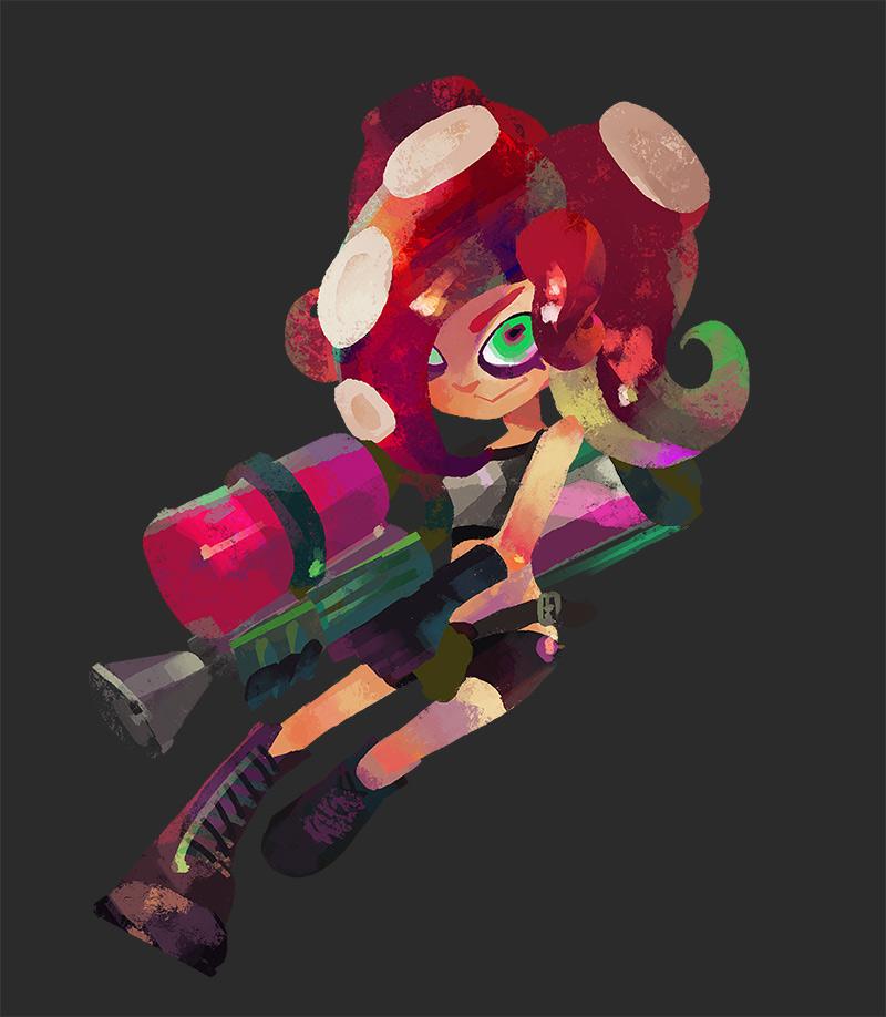 1girl belt bike_shorts boots green_eyes nintendo octarian official_art redhead simple_background splatoon super_soaker takozonesu