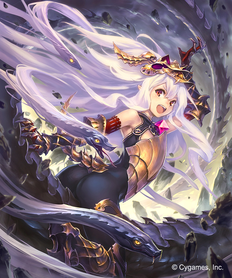 1girl ass bodysuit breastplate claws cleavage_cutout elbow_gloves gauntlets gloves granblue_fantasy greaves headgear hisakata_souji lavender_hair long_hair looking_at_viewer medusa_(shingeki_no_bahamut) pointy_ears red_eyes red_gloves riding shingeki_no_bahamut snake_hair solo very_long_hair watermark