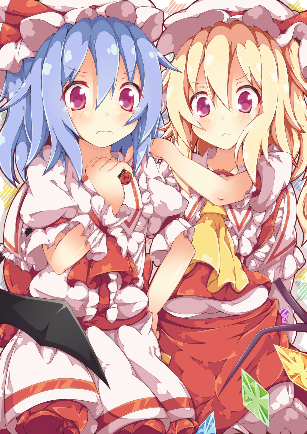 2girls ascot ass bat_wings blonde_hair blue_hair commentary_request dress flandre_scarlet highres kan_lee looking_at_viewer mob_cap multiple_girls pink_eyes puffy_short_sleeves puffy_sleeves red_dress remilia_scarlet sash short_sleeves siblings sisters tears touhou wavy_mouth white_dress wings