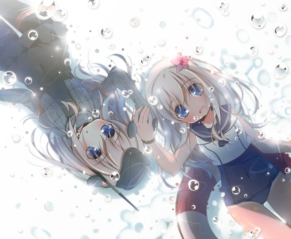 2girls :d anju_(meipurusanchi) bare_shoulders blonde_hair blue_eyes commentary_request crop_top flower garrison_cap hair_flower hair_ornament hat innertube kantai_collection long_hair long_sleeves military military_uniform multiple_girls open_mouth ro-500_(kantai_collection) school_swimsuit school_uniform serafuku smile swimsuit swimsuit_under_clothes tan u-511_(kantai_collection) uniform