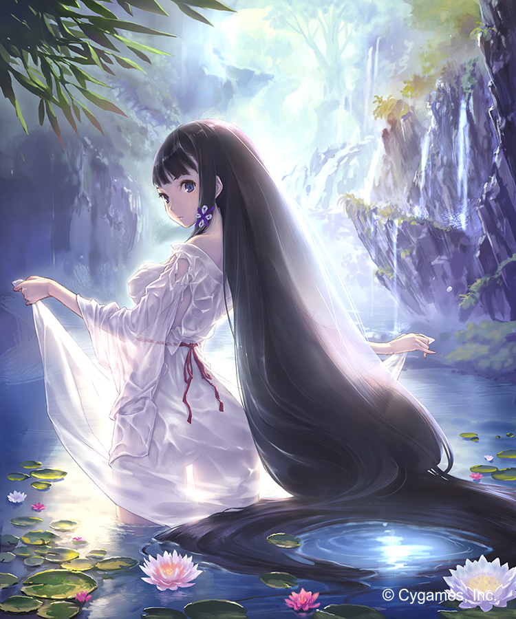 1girl absurdly_long_hair ass black_hair breasts dress dress_lift flower from_behind hair_ornament hisakata_souji lily_(flower) lily_pad long_hair looking_back outdoors payot see-through see-through_silhouette sideboob solo very_long_hair violet_eyes wading watermark white_dress