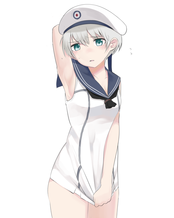 1girl arm_behind_head arm_up blue_eyes blush flying_sweatdrops fujibejifu hat kantai_collection no_nose open_mouth sailor_collar sailor_hat shirt_pull short_hair silver_hair simple_background sleeveless solo white_background z1_leberecht_maass_(kantai_collection)