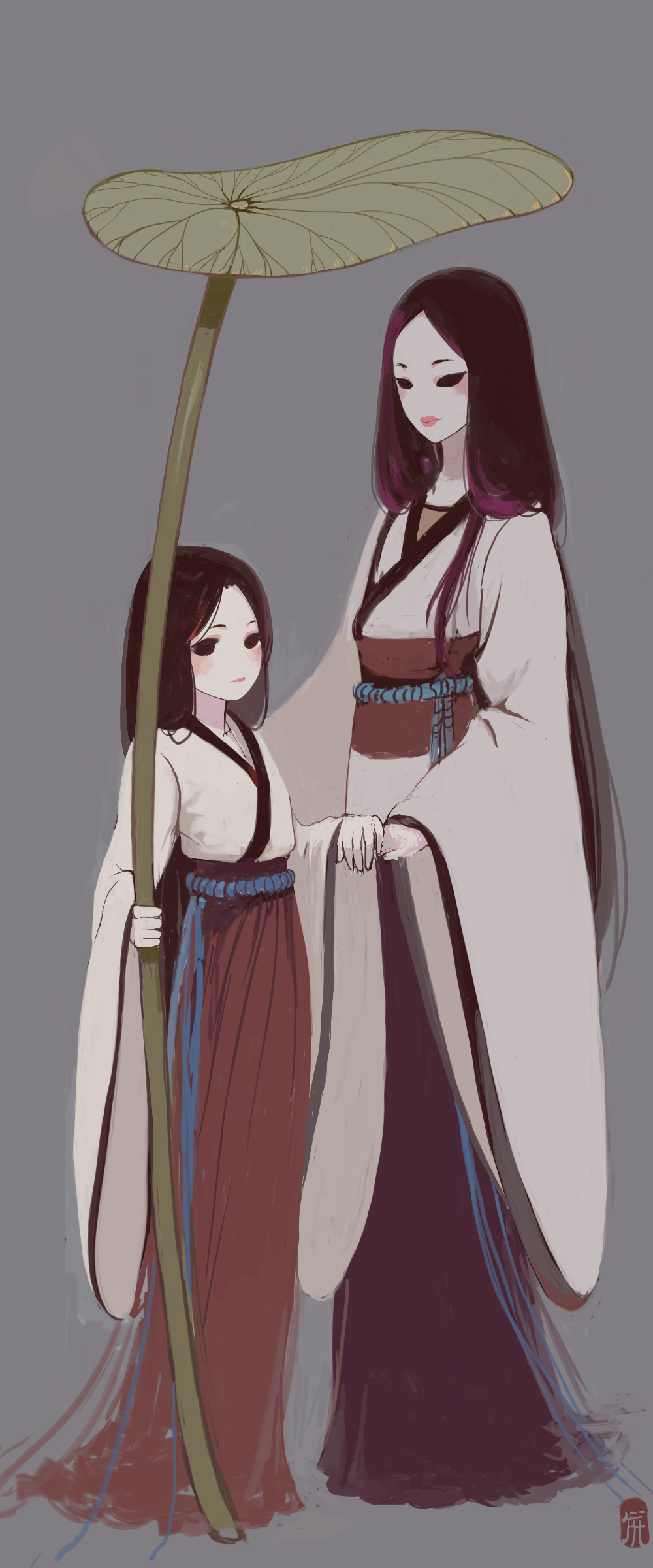 2girls absurdres age_difference asllence black_hair child hakama height_difference highres holding_hands japanese_clothes long_hair multiple_girls no_bangs obi original oversized_object sash very_long_hair wide_sleeves