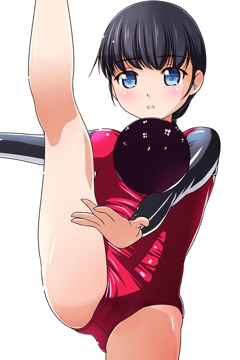 1girl ball black_hair blue_eyes gymnastics highres leg_up leotard matsunaga_kouyou original rhythmic_gymnastics