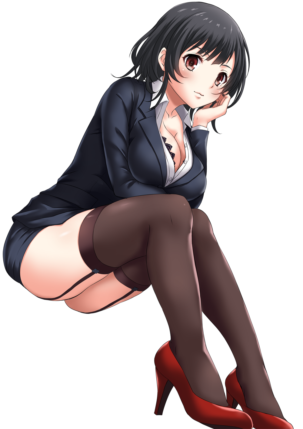 1girl alternate_costume black_hair black_legwear breasts chin_rest cleavage commentary_request formal garter_straps high_heels highres jacket jpeg_artifacts kantai_collection leaning_forward long_sleeves office_lady red_eyes sakiyamama sitting skirt_suit suit tagme takao_(kantai_collection) thigh-highs white_background