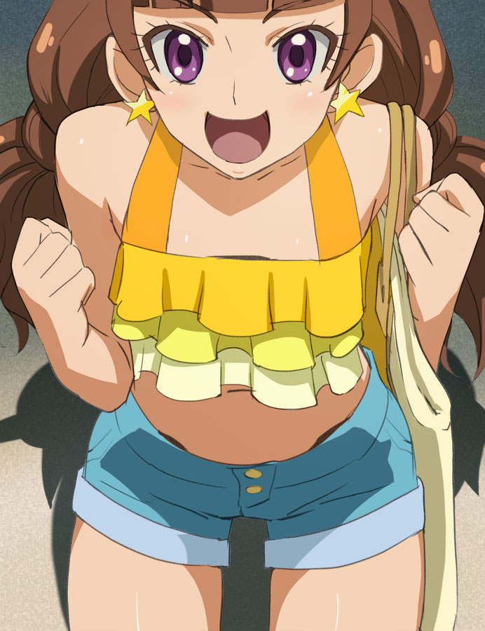 1girl :d amanogawa_kirara brown_hair clenched_hands earrings go!_princess_precure haruyama_kazunori jewelry long_hair midriff navel open_mouth precure shorts smile solo star star_earrings twintails violet_eyes
