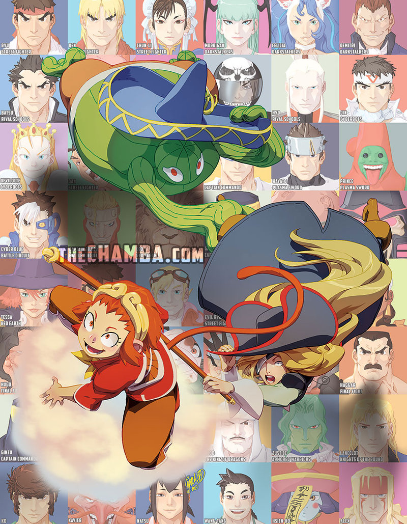 1boy 2girls alex_(street_fighter) amingo blonde_hair brown_eyes brown_hair cameo capcom captain_commando captain_commando_(character) character_name character_request chun-li cyberbots demitri_maximoff devilot_de_deathsatan_ix eyepatch falcon_(power_stone) felicia final_fight flying_nimbus hat hibiki_dan ichimonji_batsu imawano_hyou jeffrey_cruz kanzaki_hayato_(star_gladiator) kazama_akira ken_masters lei_lei long_hair marvel_vs._capcom marvel_vs._capcom_2 mike_haggar monkey_tail monster_boy morrigan_aensland multiple_girls pirate pirate_hat plant_boy power_stone rival_schools ruby_heart ryuu_(street_fighter) saotome_jin saturn_dyer short_hair sombrero sonson staff star_gladiator street_fighter street_fighter_iii street_fighter_zero tabasa vampire_(game) wang-tang warzard watermark web_address