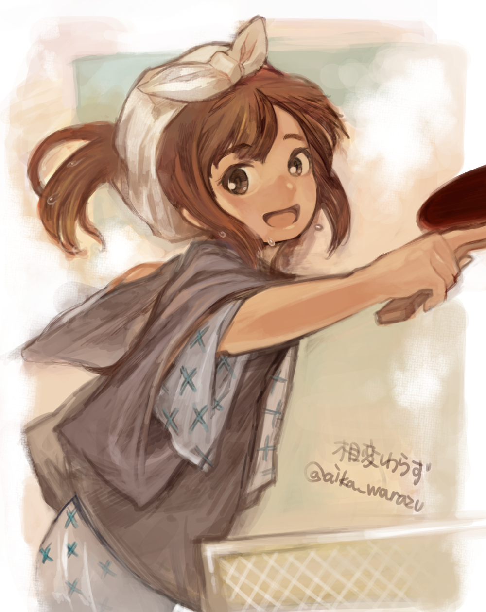 1girl :d aika_warazu artist_name brown_eyes brown_hair character_request highres kantai_collection open_mouth paddle smile solo sweat table_tennis table_tennis_paddle twitter_username