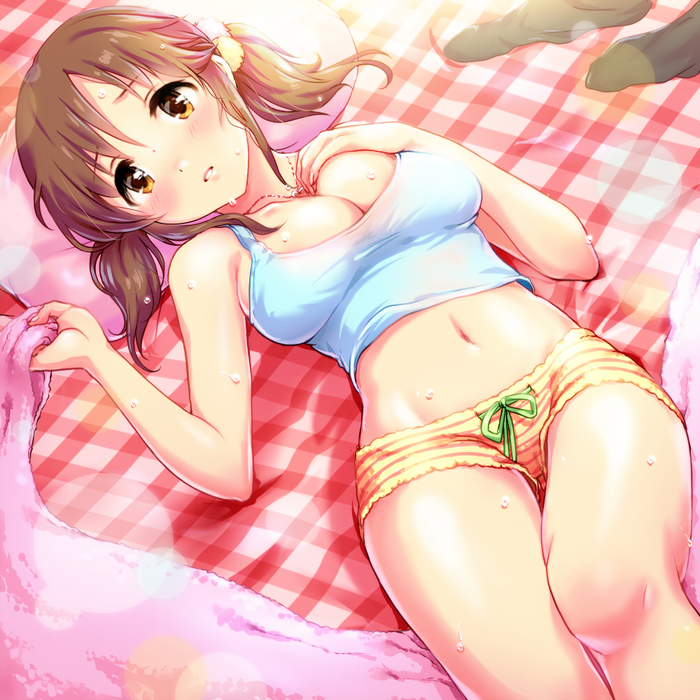 1girl artist_request breasts brown_eyes brown_hair idolmaster idolmaster_cinderella_girls jewelry looking_at_viewer lying necklace on_back solo tank_top totoki_airi towel twintails
