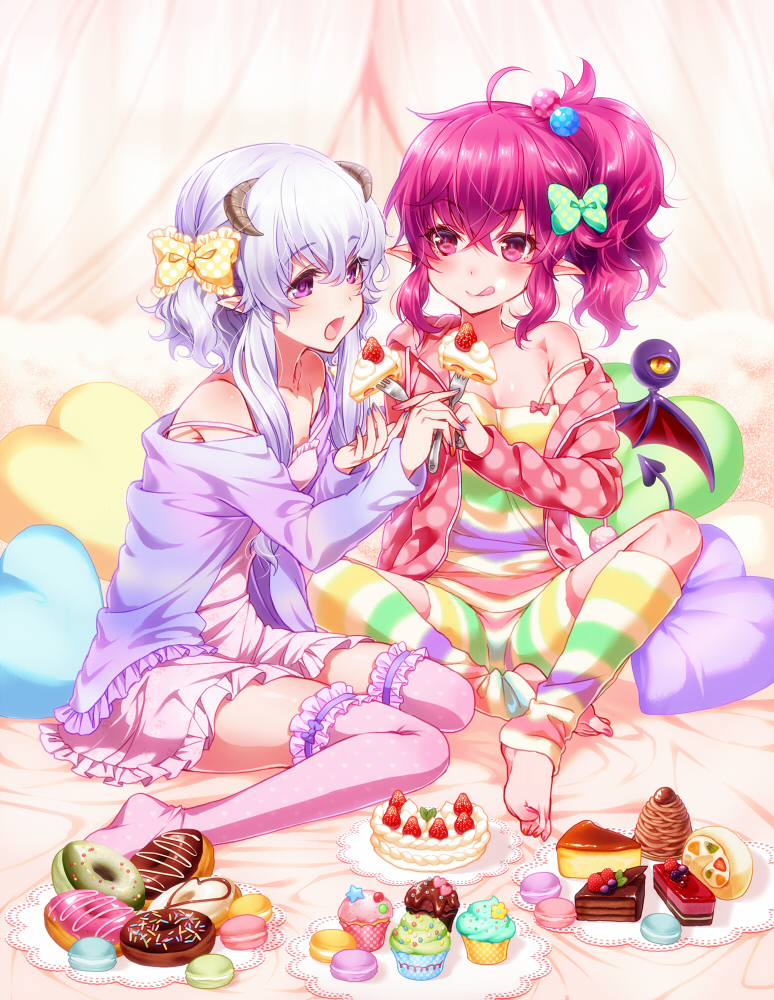 2girls :q ahoge akira_(natsumemo) barefoot blush bow cake cheesecake cupcake demon_girl demon_tail demon_wings doily doughnut eyeball food food_on_face fork fruit garters hair_bobbles hair_bow hair_ornament heart horns lavender_hair leg_warmers licking_lips loungewear macaron multicolored_stripes multiple_girls nail_polish open_mouth original pink_hair pink_legwear pointy_ears polka_dot polka_dot_hoodie polka_dot_legwear ponytail purple_legwear red_nails revision short_hair_with_long_locks silver_hair sitting slice_of_cake smile sprinkles strap_slip strawberry strawberry_shortcake striped striped_legwear swiss_roll tail thigh-highs tongue tongue_out violet_eyes wariza wings