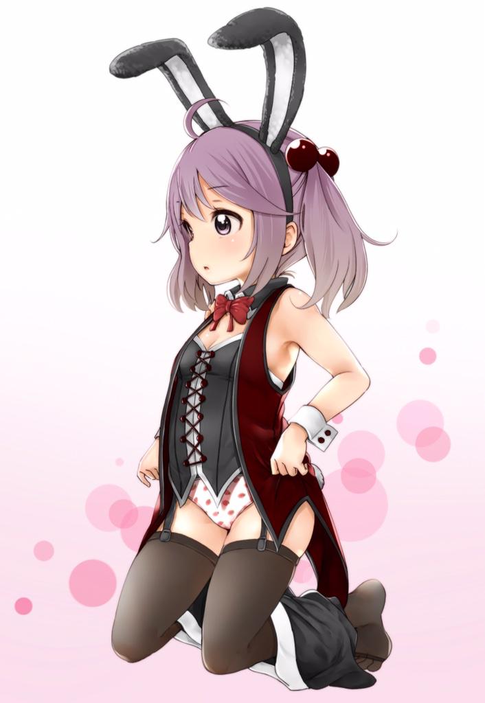 1girl :o ahoge animal_ears bangs bare_shoulders black_legwear blush bowtie breasts bunny_tail cleavage detached_collar fake_animal_ears fake_tail flat_chest garter_straps gradient gradient_background hair_between_eyes hair_bobbles hair_ornament kantai_collection kneeling no_shoes open_mouth panties print_panties purple_hair rabbit_ears sazanami_(kantai_collection) short_hair sidelocks soborou solo strawberry_panties strawberry_print tail thigh-highs twintails underwear violet_eyes wrist_cuffs zettai_ryouiki