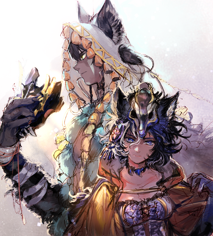 animal_ears black_hair blue_eyes blue_hair chain_chronicle hoodie jewelry mask mask_removed momo_alto necklace string yellow_eyes