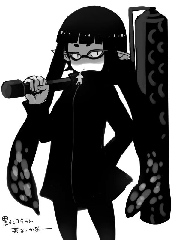 1girl black domino_mask holding inkling kuro_yuzu long_hair long_sleeves mask no_nose paint_roller simple_background solo splatoon squid tentacle_hair white_background