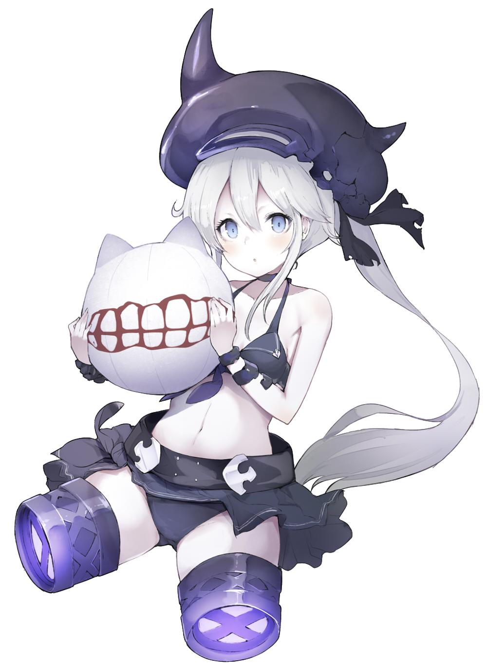 1girl :o amputee bangs bikini black_bikini blue_eyes blush breasts cleavage collarbone destroyer_hime double_amputee hair_between_eyes hat highres holding kantai_collection long_hair navel payot side_ponytail solo stuffed_toy sumisu_(mondo) swimsuit very_long_hair white_hair white_skin